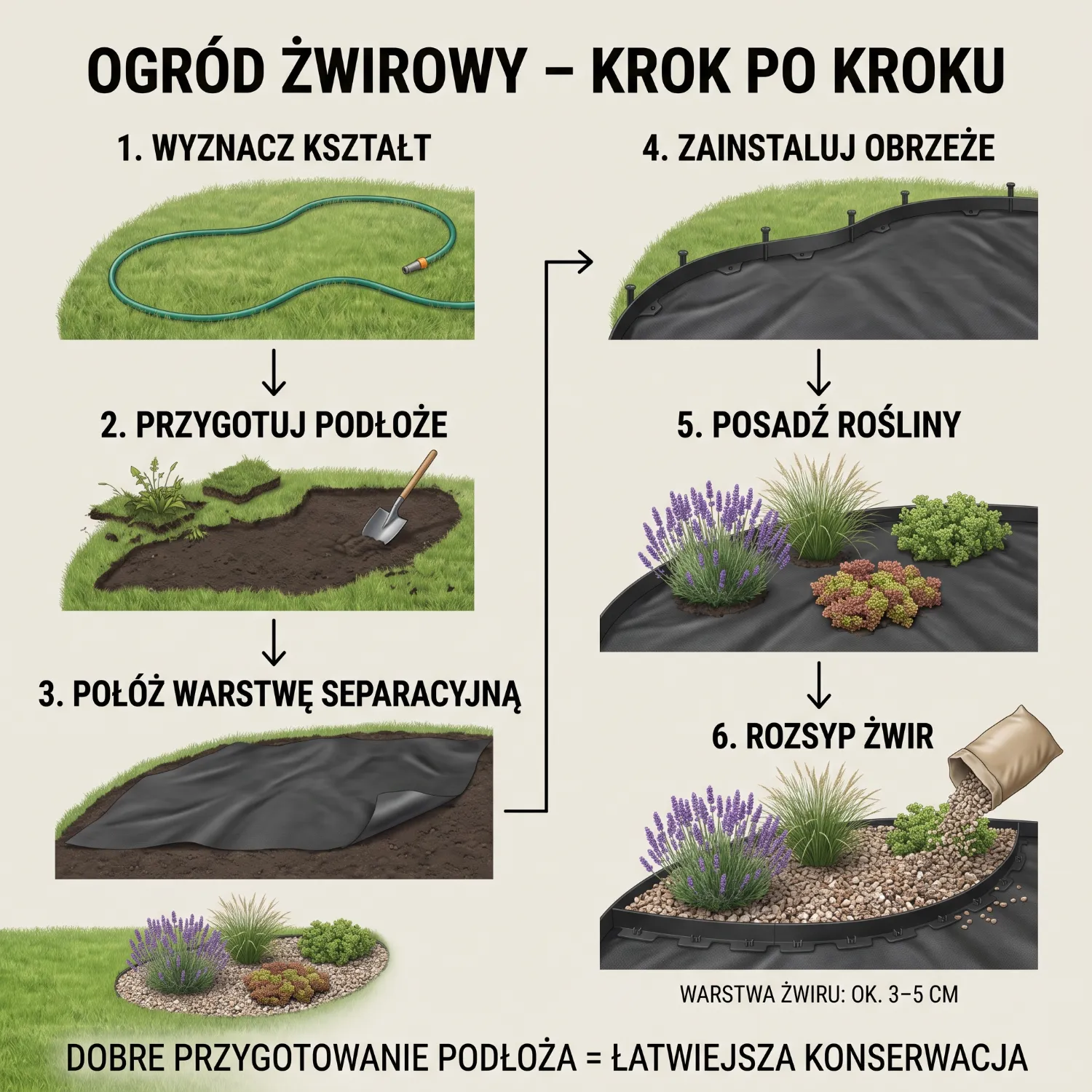 Proces zakładania rabaty żwirowej - sadzenie bylin, obróbka bryły korzeniowej i montaż plastikowego obrzeża